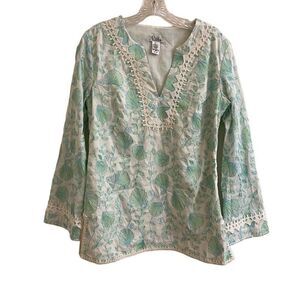 Lilly Pulitzer White Bell Sleeve Tunic Blue & Green Floral Seashell Embroidery S